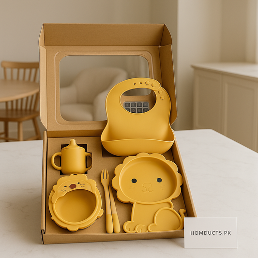 Luxury Lion Silicone Baby Feeding Set – 6-Piece Non-Slip Dinnerware with Bib, Plate, Bowl, Cup & Cutlery