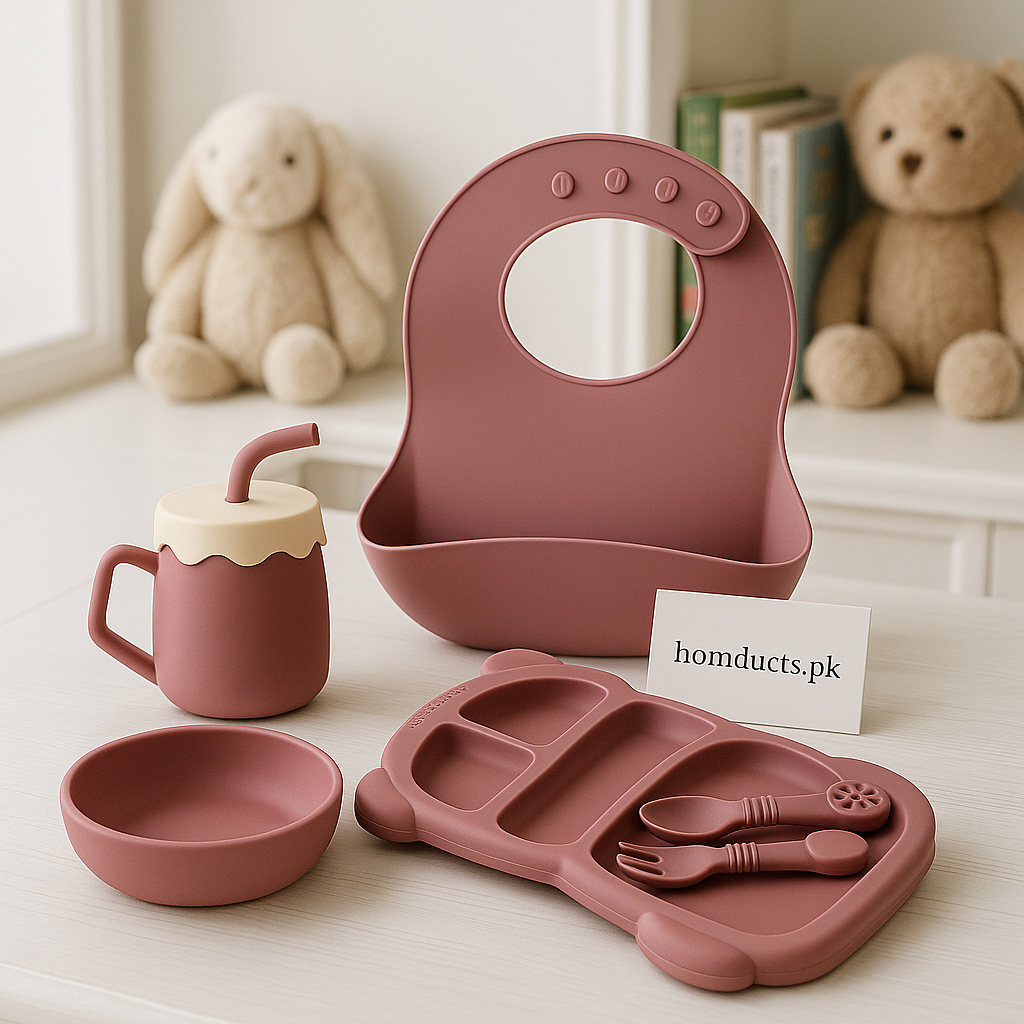 Luxury Silicone Baby Feeding Set – 6 Piece Non-Slip Dinnerware with Bib, Plate, Bowl, Cup & Cutlery