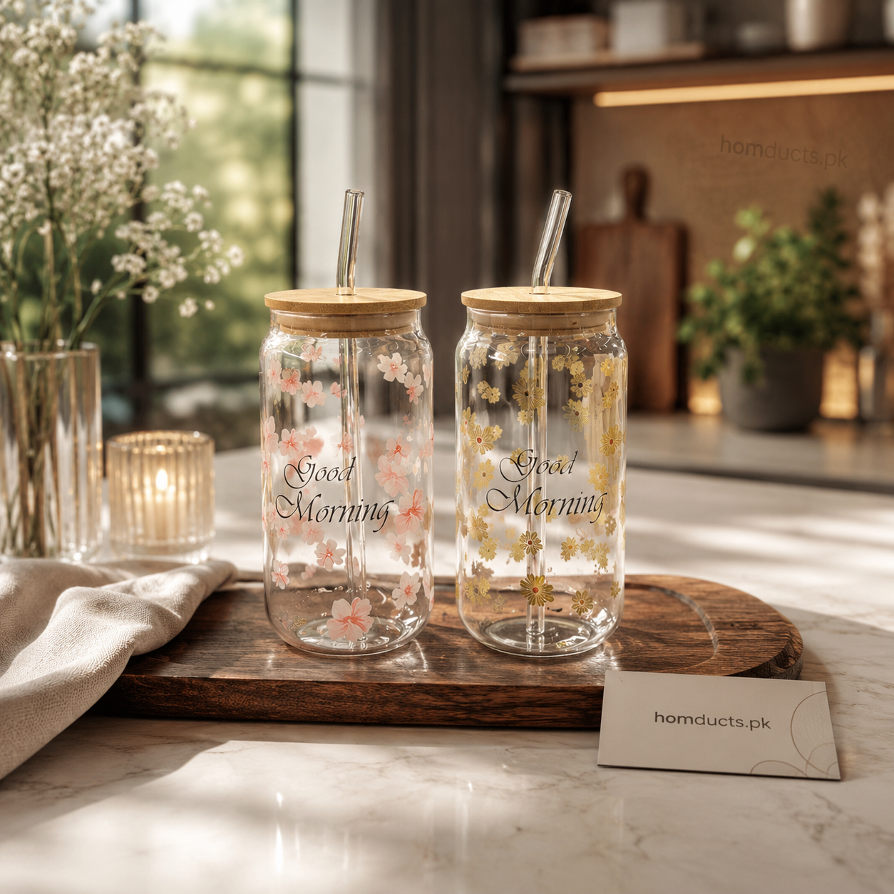 Floral Glass Tumbler with Bamboo Lid & Straw – Aesthetic Good Morning Drinking Cup for Iced Coffee & Beverages (1 Pc)