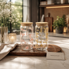 Floral Glass Tumbler with Bamboo Lid & Straw – Aesthetic Good Morning Drinking Cup for Iced Coffee & Beverages (1 Pc)