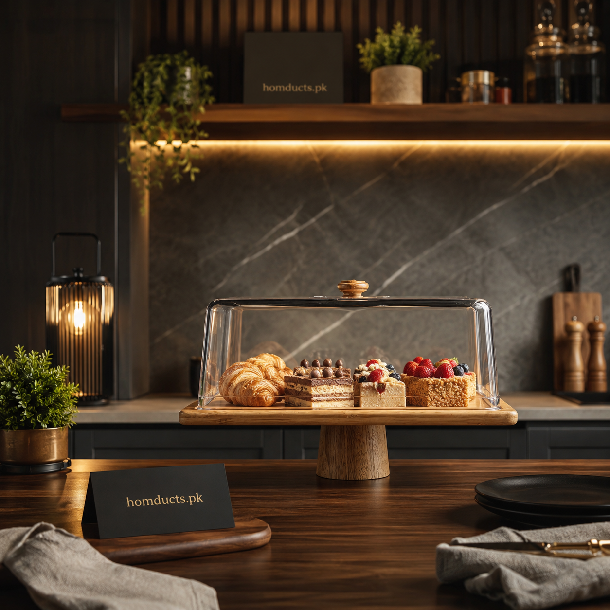 Luxury Wooden Cake Stand with Acrylic Cover – Premium Dessert Display Tray for Kitchen & Dining