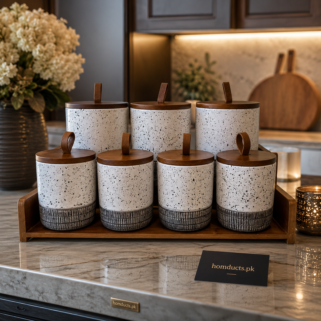 Luxury Speckled Ceramic Kitchen Storage Jar Set With Wooden Tray & Airtight Lids – 7 Pcs Premium Countertop Organizer Set