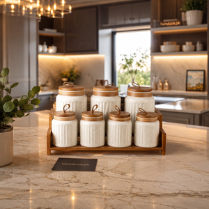 Luxury 7-Piece Ceramic Kitchen Storage Jar Set with Wooden Lids & Premium Wooden Rack – Modern Countertop Spice, Sugar, Tea & Coffee Organizer