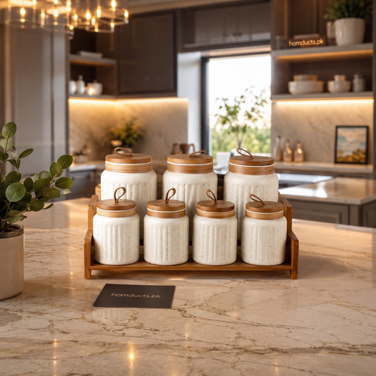Luxury 7-Piece Ceramic Kitchen Storage Jar Set with Wooden Lids & Premium Wooden Rack – Modern Countertop Spice, Sugar, Tea & Coffee Organizer