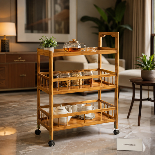 Luxury 3 Tier Wooden Tea Trolley Cart With Wheels For Kitchen Serving & Home Organization