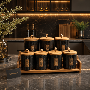 Premium 7-Piece Luxury Kitchen Storage Canister Set with Wooden Tray & Airtight Bamboo Lids