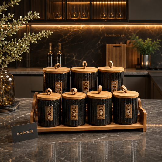 Premium 7-Piece Luxury Kitchen Storage Canister Set with Wooden Tray & Airtight Bamboo Lids