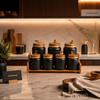 Luxury 7-Piece Ceramic Kitchen Storage Jar Set with Wooden Lids & Bamboo Organizer Rack – Premium Countertop Spice, Sugar & Snack Canister Collection
