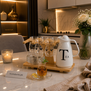 Luxury Glass Tea Serving Set with Wooden Stand & Premium Flask – 8 Piece Elegant Tea Set for Modern Homes