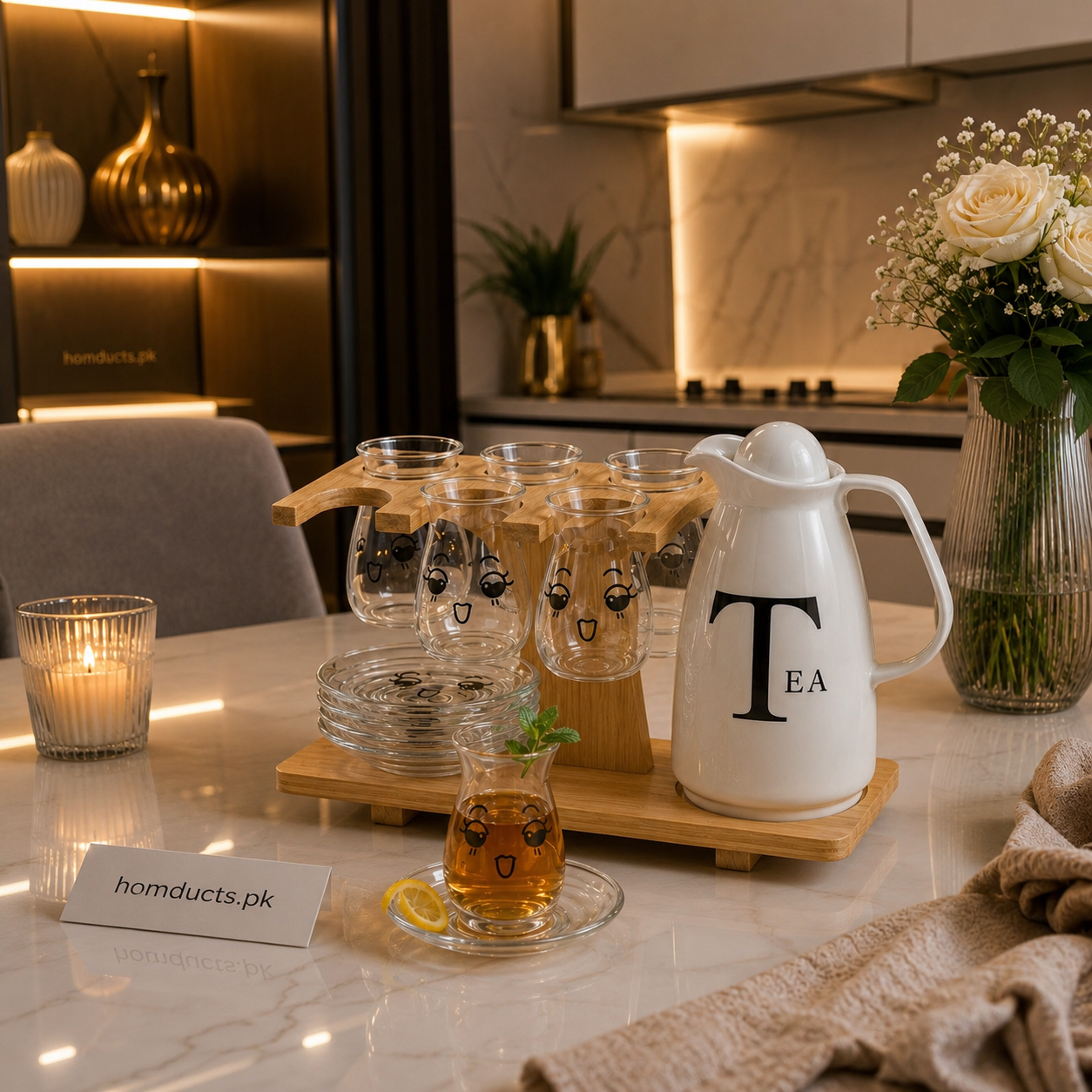 Luxury Glass Tea Serving Set with Wooden Stand & Premium Flask – 8 Piece Elegant Tea Set for Modern Homes