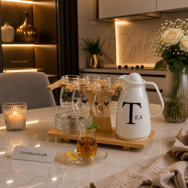 Luxury Glass Tea Serving Set with Wooden Stand & Premium Flask – 8 Piece Elegant Tea Set for Modern Homes