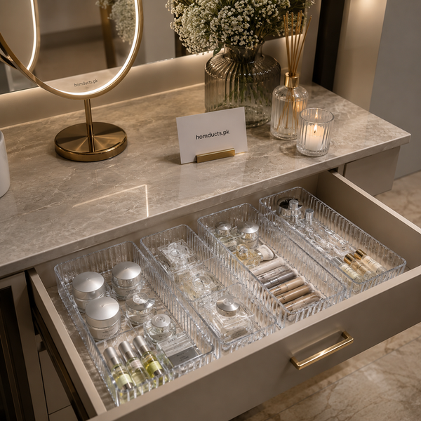 Clear Acrylic Drawer Organizer Tray Set – Multi-Purpose Makeup & Vanity Storage Containers (3 Pcs Set)