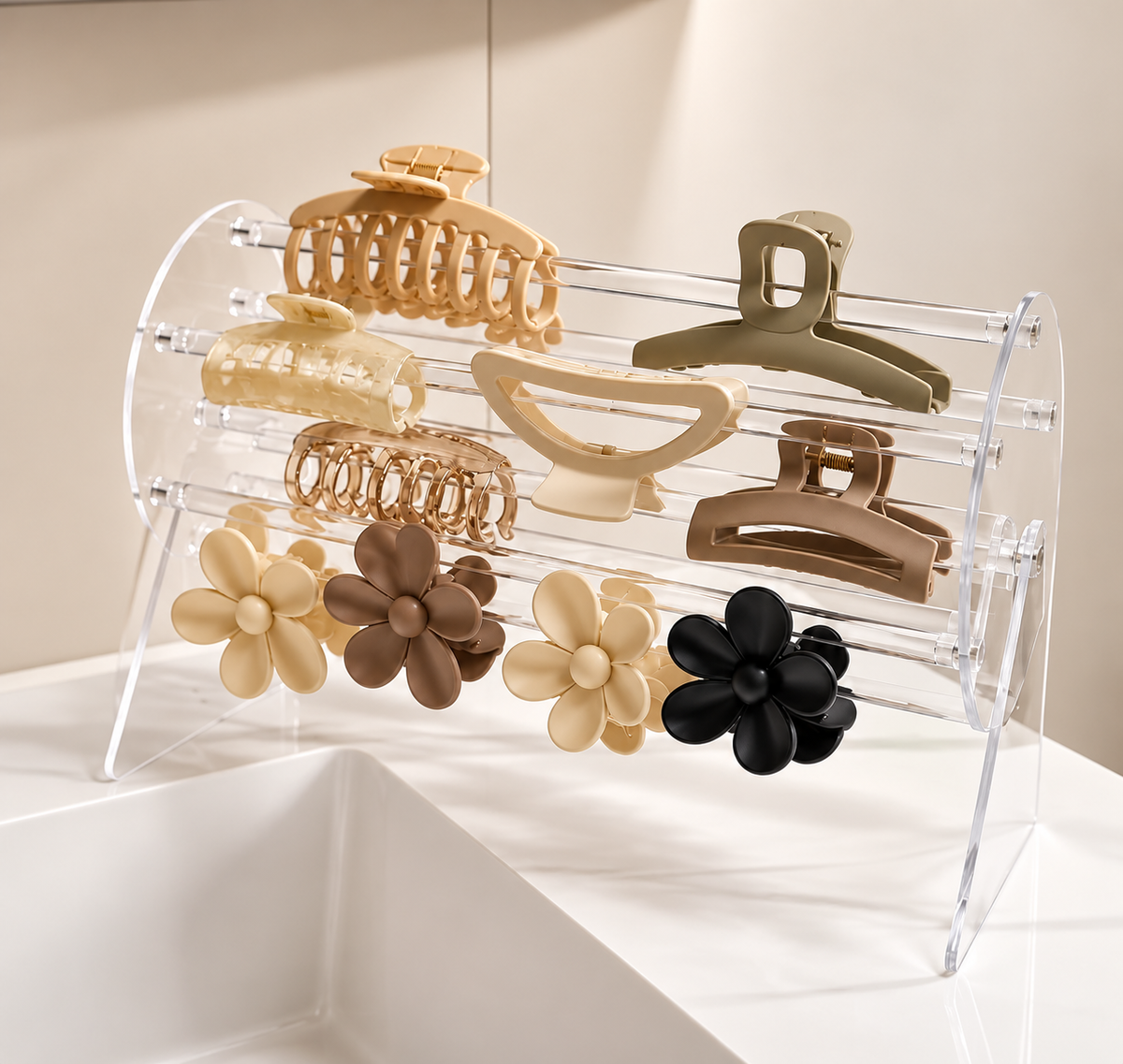 Acrylic hair clip display stand holding flower and claw clips