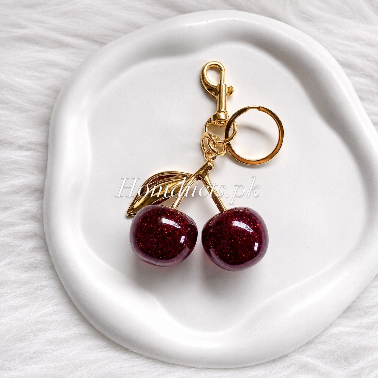 Luxury Sparkling Cherry Keychain – Red Enamel with Gold Detailing