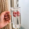 Square Glass Tumbler with Double  Bows & Straw – Elegant Drinkware (High Quality)