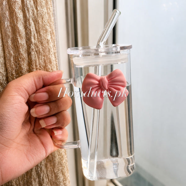 Square Glass Tumbler with Double  Bows & Straw – Elegant Drinkware (High Quality)