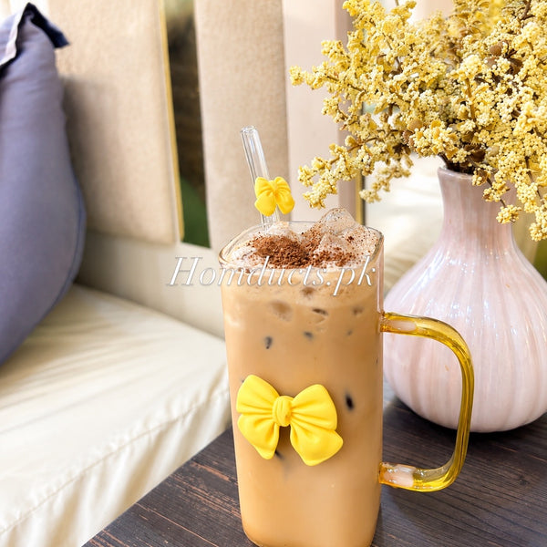 Square Glass Tumbler with Double  Bows & Straw – Elegant Drinkware (High Quality)
