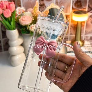 Square Glass Tumbler with Double  Bows & Straw – Elegant Drinkware (High Quality)