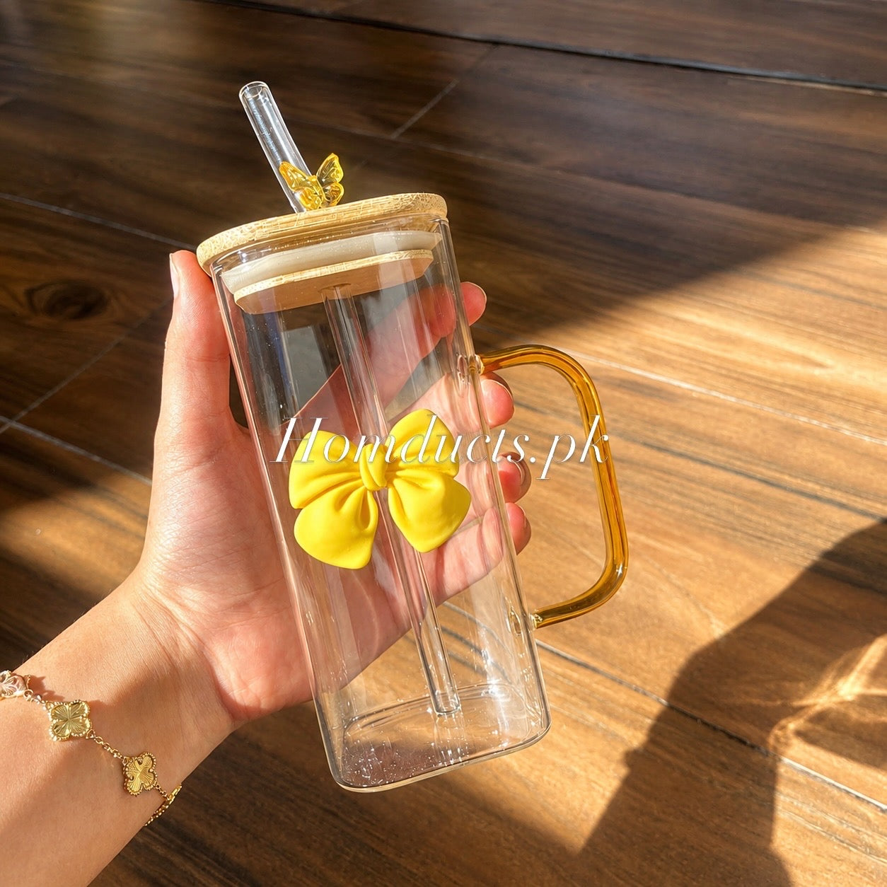 Square Glass Tumbler with Double  Bows & Straw – Elegant Drinkware (High Quality)