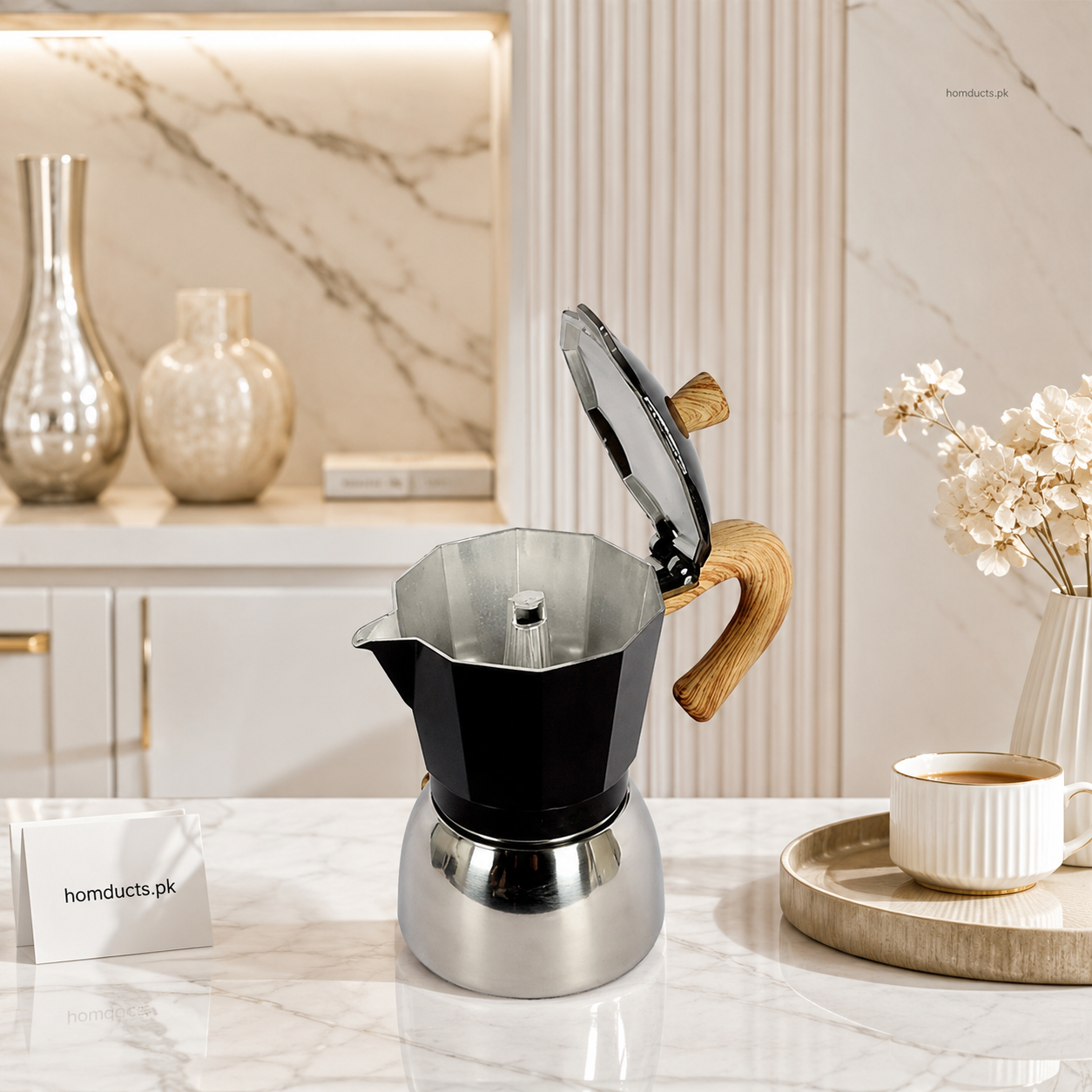 Premium Aluminum Moka Pot Coffee Maker with Wooden Handle – Italian Style Stovetop Espresso Brewer