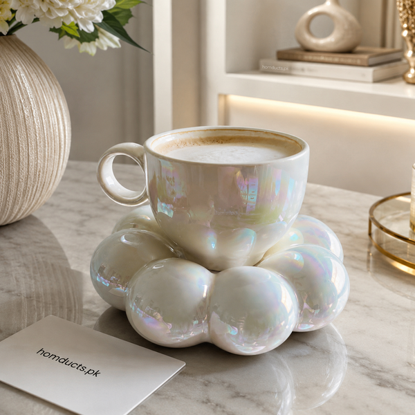 Glossy Bubble Cup & Saucer Set – Ceramic Coffee & Tea Cup