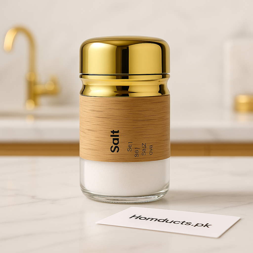 Luxury Gold Salt Shaker Jar – Glass Spice Container with Wood Print