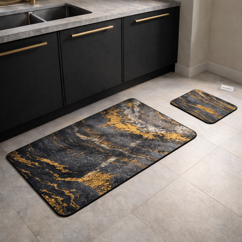 Luxury Anti-Slip Kitchen Floor Mat Set (2-Piece) – Modern Marble Design | Large & Small Size