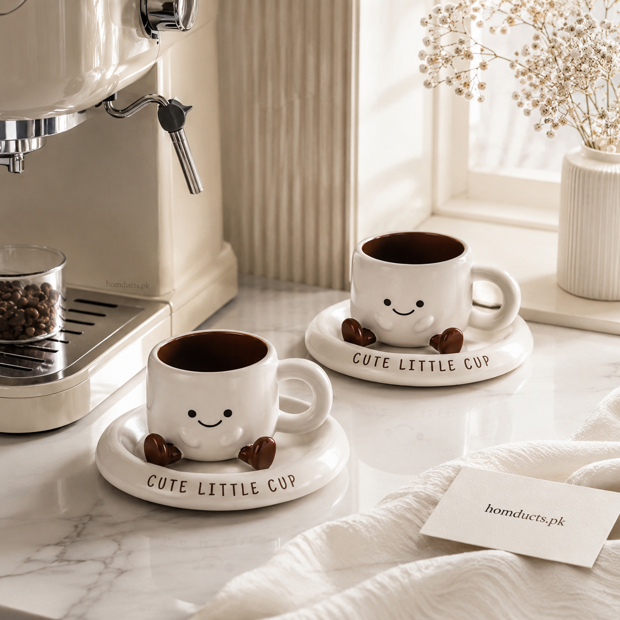 Cute Smiley Ceramic Coffee Cup with Saucer – Kawaii Tea & Coffee Mug Set