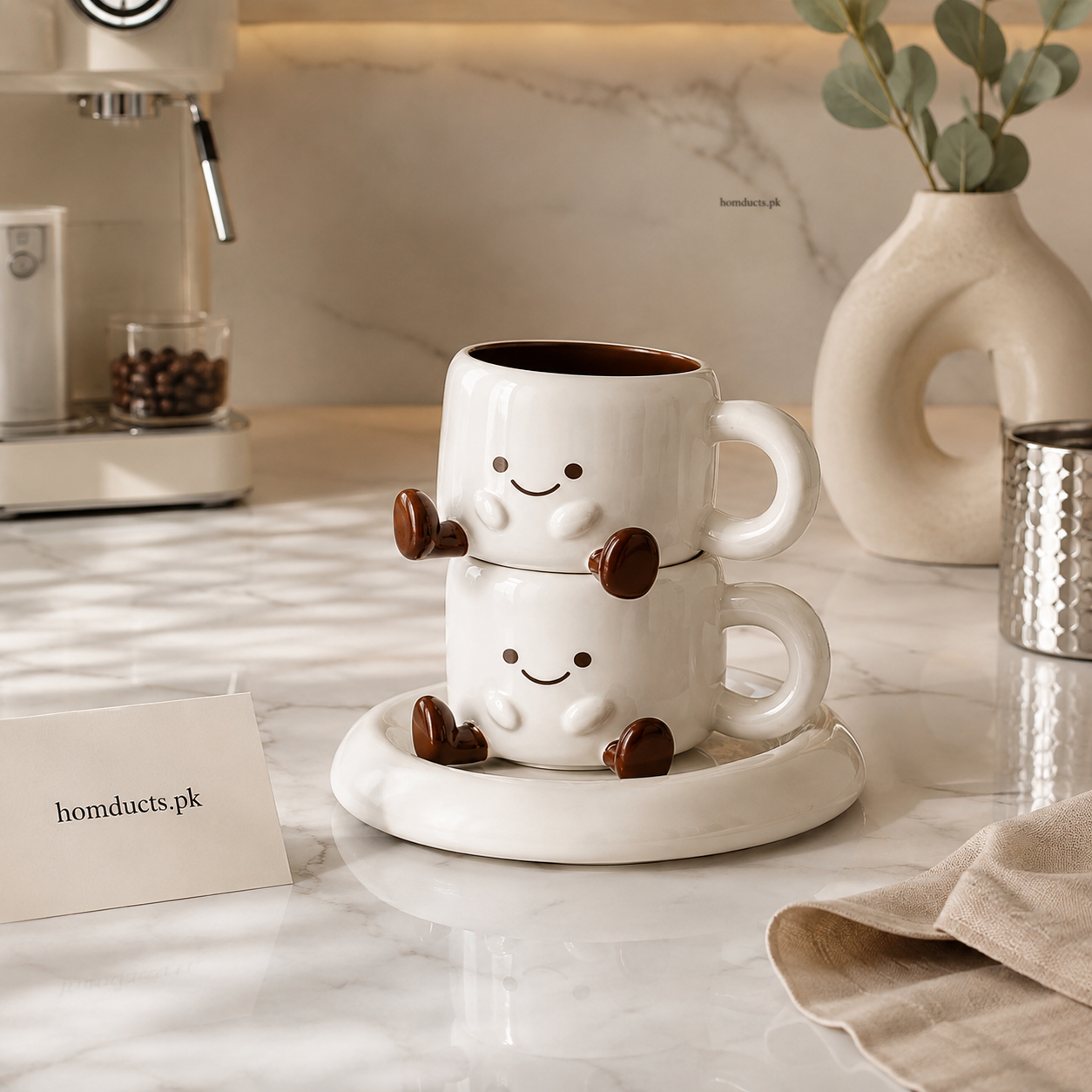 Cute Smiley Ceramic Coffee Cup with Saucer – Kawaii Tea & Coffee Mug Set