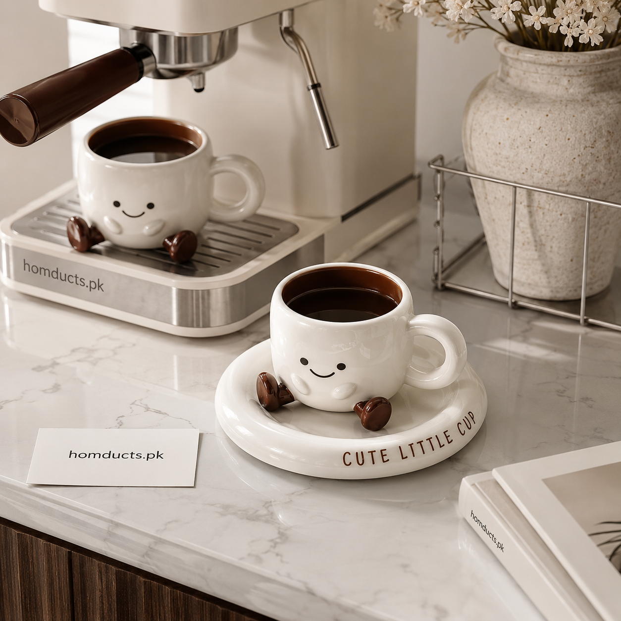 Cute Smiley Ceramic Coffee Cup with Saucer – Kawaii Tea & Coffee Mug Set