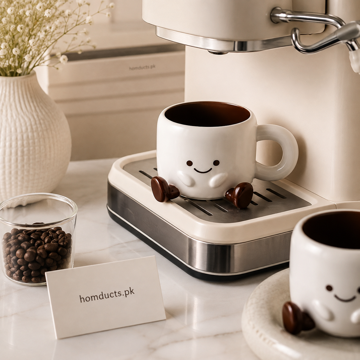 Cute Smiley Ceramic Coffee Cup with Saucer – Kawaii Tea & Coffee Mug Set