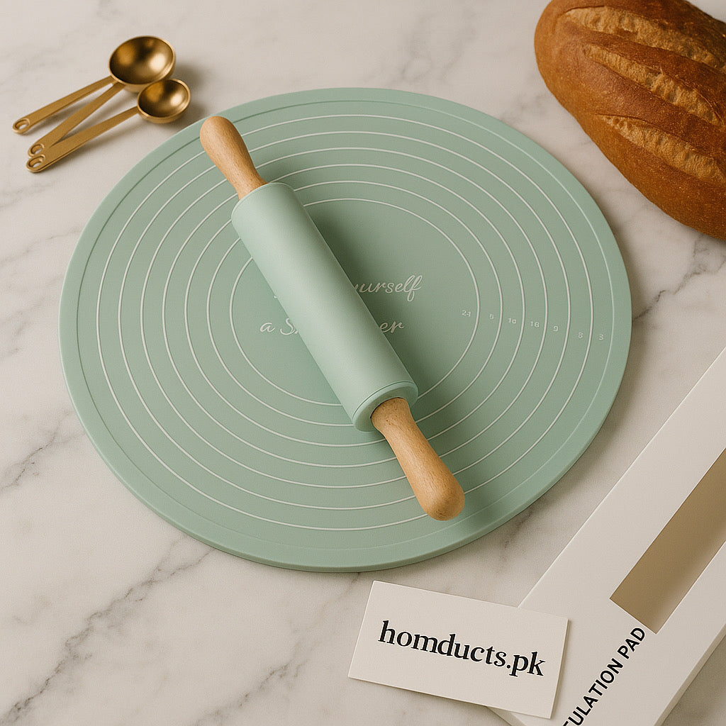 Non-Stick Silicone Dough Rolling Mat with Rolling Pin – Heat-Resistant Insulation Pad for Baking & Pastry Prep