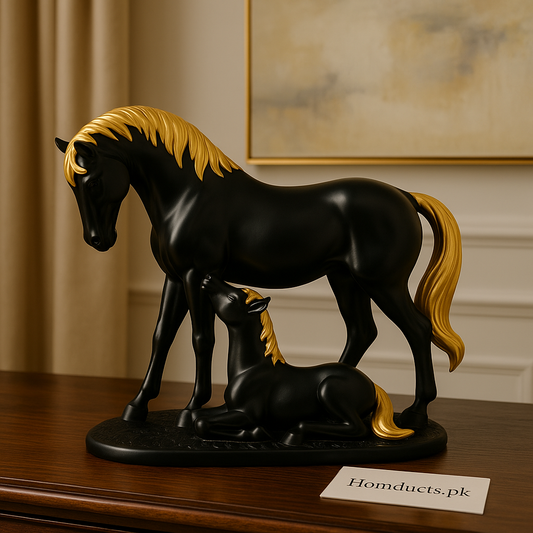 Luxury Black & Gold Horse Sculpture – Mother & Foal Figurine