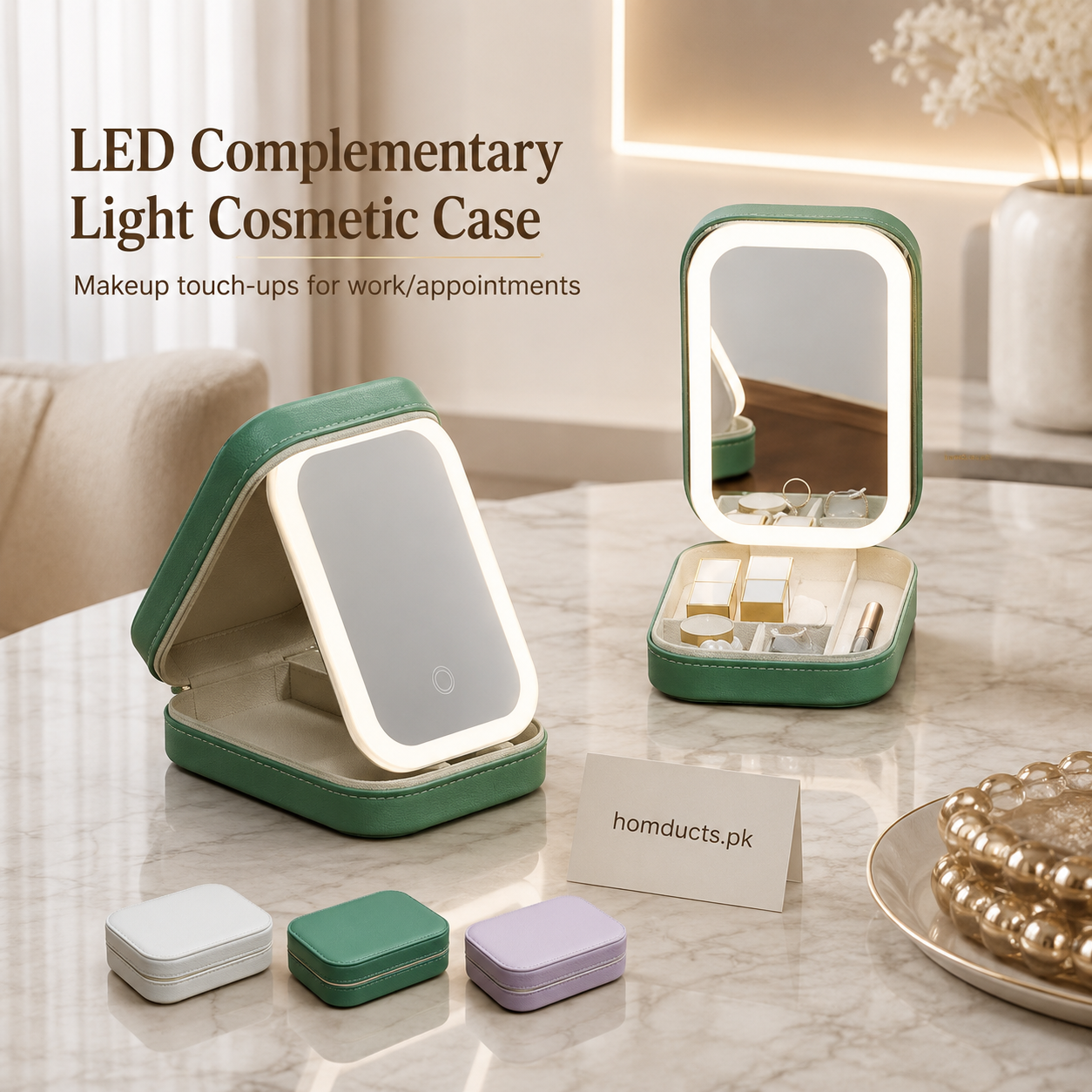 Portable LED Light Makeup Mirror Cosmetic Storage Case – Travel Vanity Organizer with Touch LED Mirror