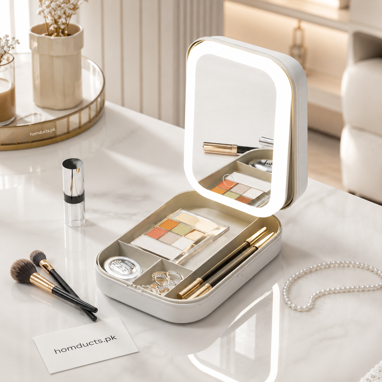 Portable LED Light Makeup Mirror Cosmetic Storage Case – Travel Vanity Organizer with Touch LED Mirror