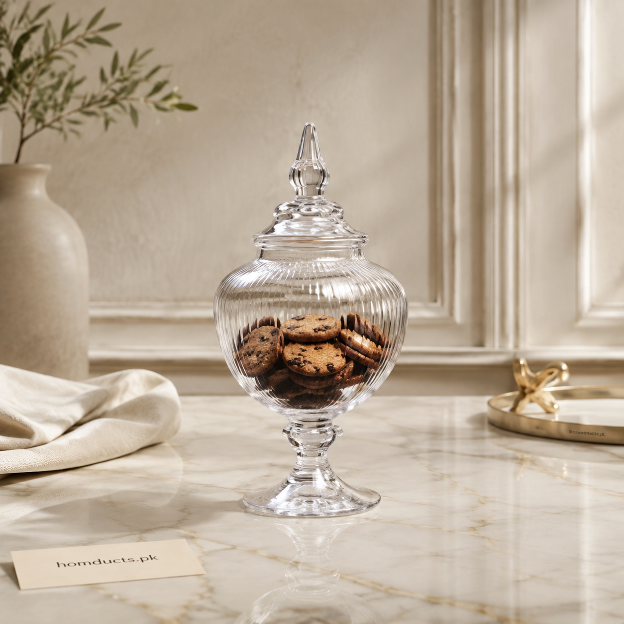 Danny Home Decorative Ribbed Glass Jar with Lid & Pedestal – 1 Pc