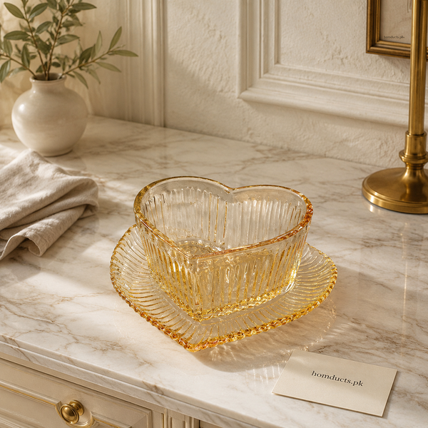 Heart-Shaped Glass Tea Cups with Saucers – 6-Piece Set