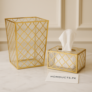 Luxury Acrylic Dustbin & Tissue Box Set – Gold Lattice Design