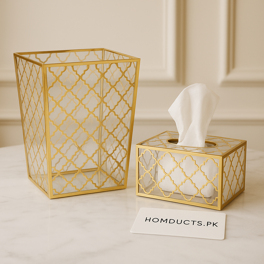 Luxury Acrylic Dustbin & Tissue Box Set – Gold Lattice Design – Homducts