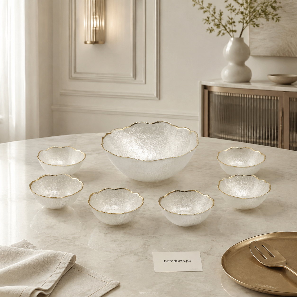 Luxury Gold Rim Textured Glass Fruit Bowl Set – 7 Pieces