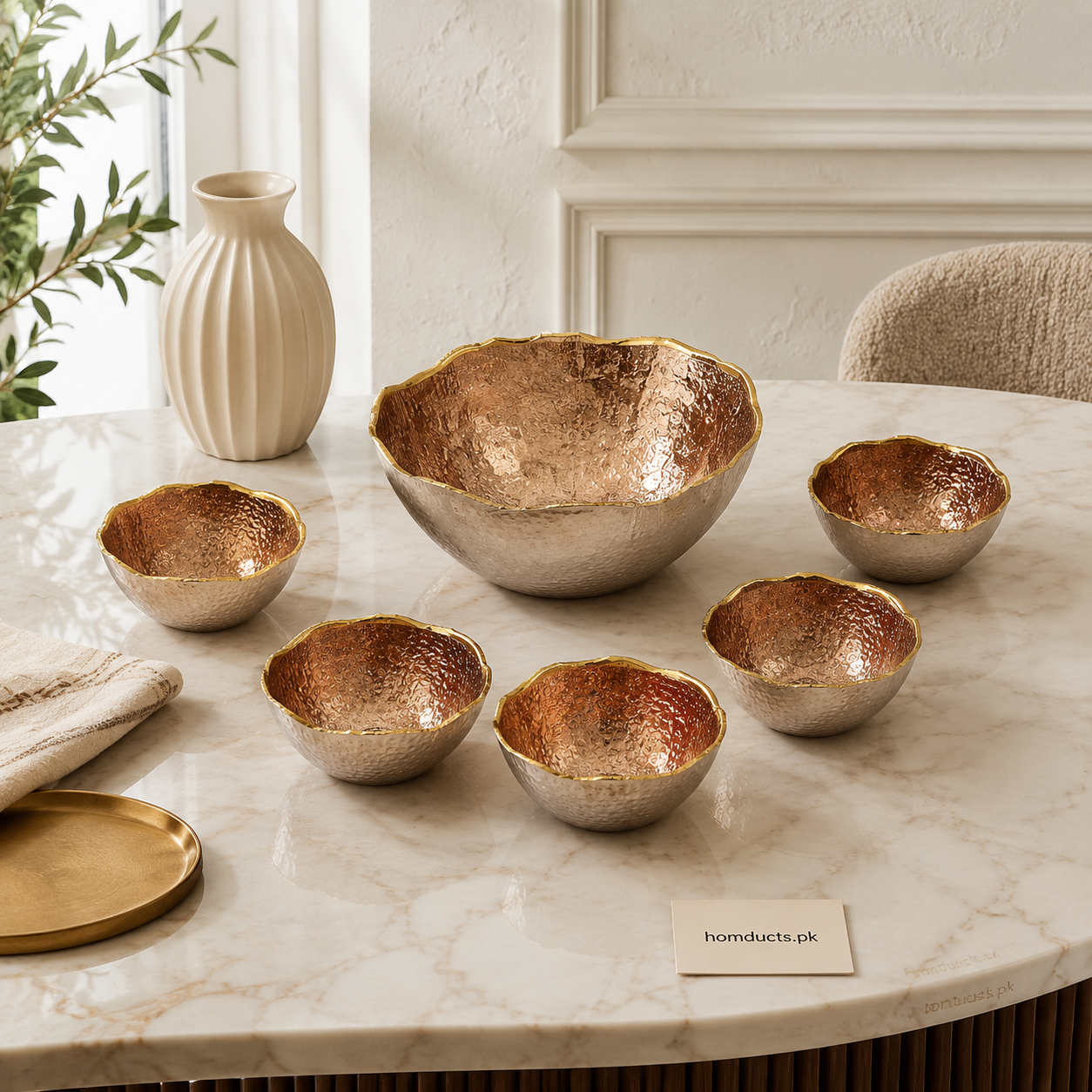 Luxury Hammered Metal Fruit Bowl Set – 7 Pieces
