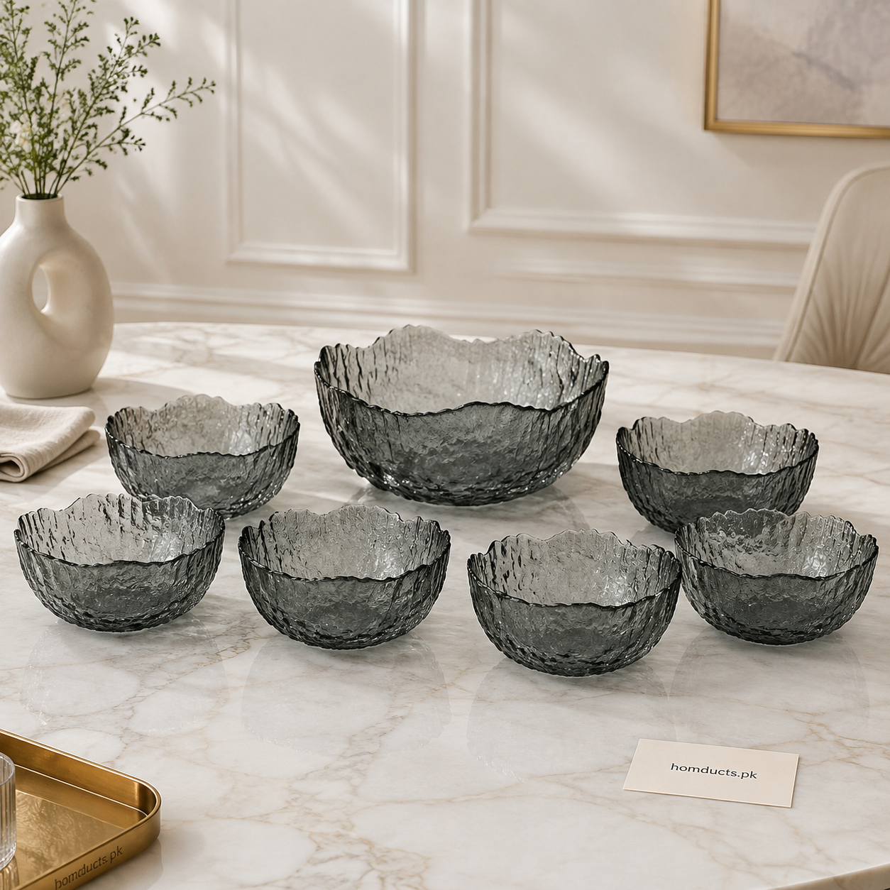 7-Piece Textured Glass Fruit Bowl Set – 1 Large Serving Bowl with 6 Small Bowls