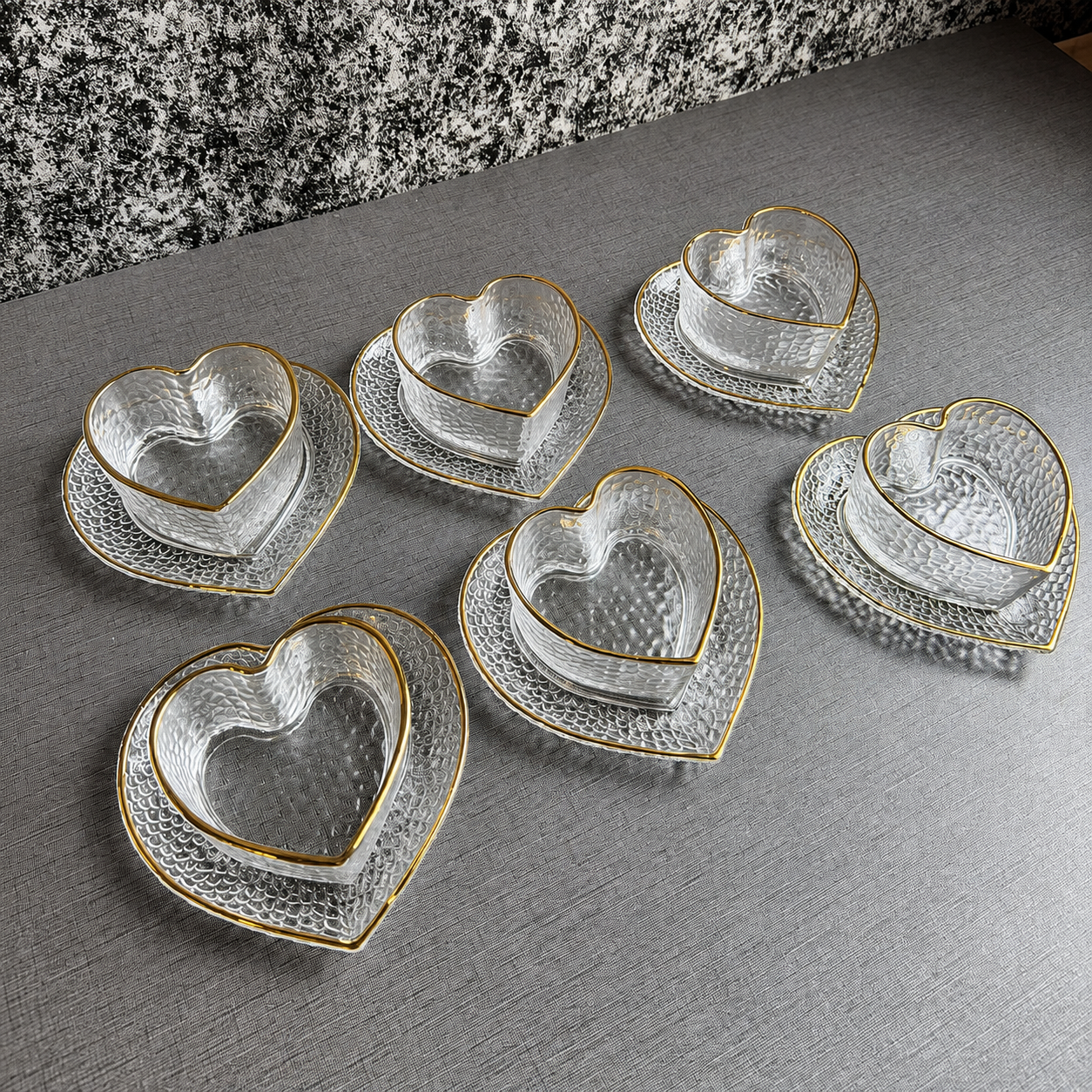 Heart-Shaped Glass Tea Cups with Saucers – 12-Piece Set