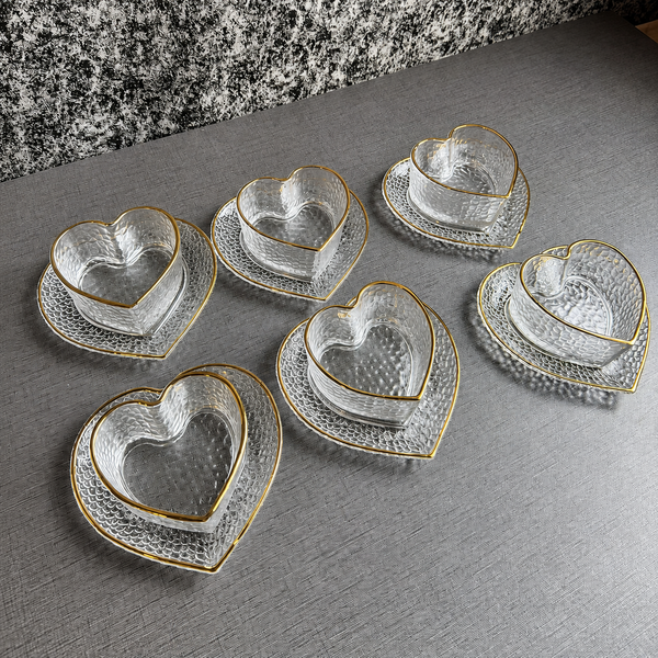 Heart-Shaped Glass Tea Cups with Saucers – 12-Piece Set