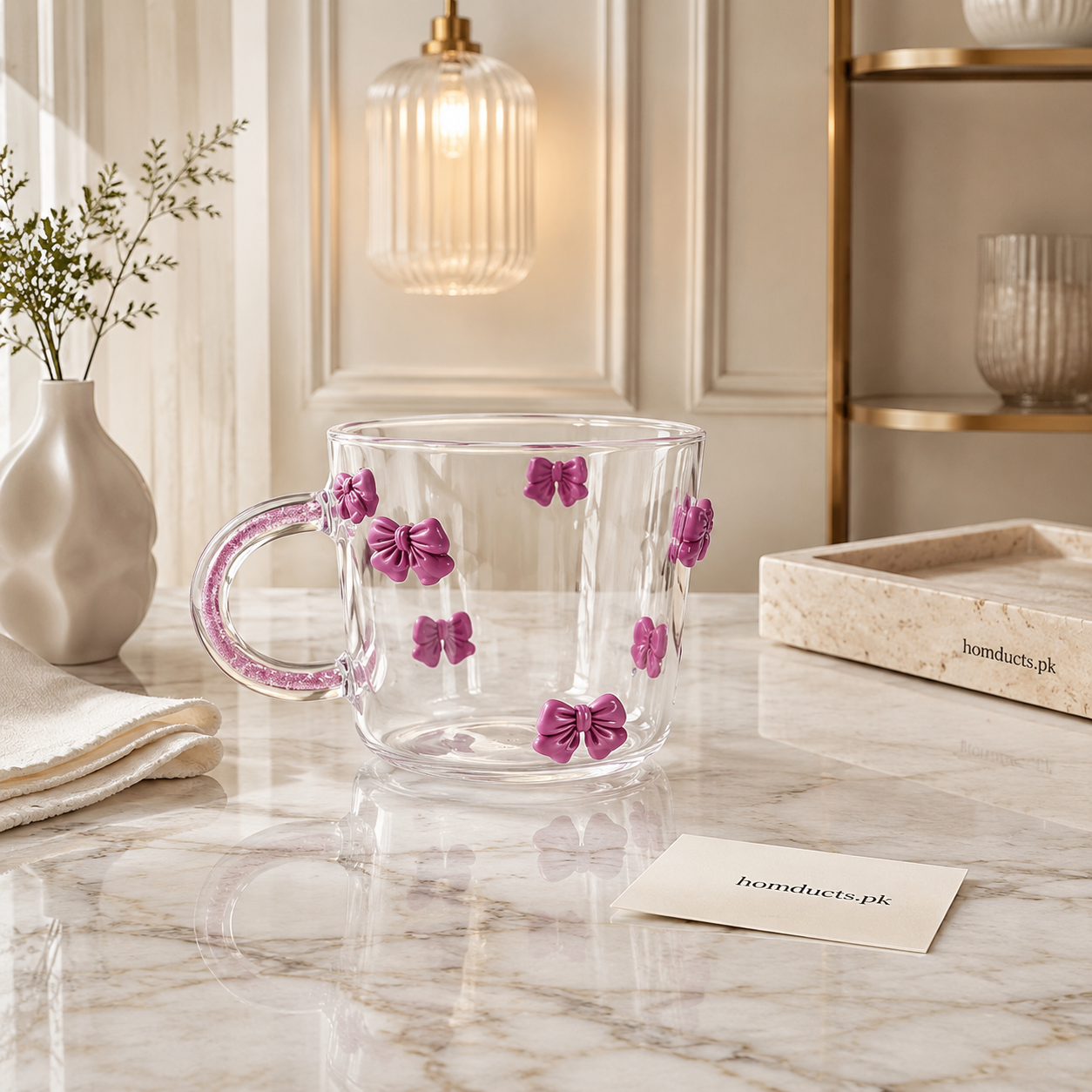3D Bow Design Clear Glass Cup with Handle – 1 Pc
