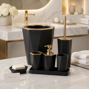 6-Piece Luxury Geometric Black & Gold Bathroom Accessories Set with Tray | Modern Bathroom Organizer Set