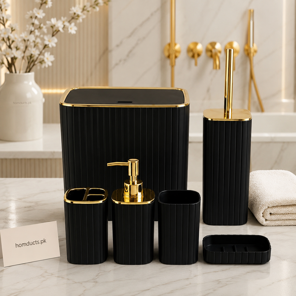 Luxury Black & Gold 6-Piece Bathroom Accessories Set | Premium Bathroom Organizer Collection