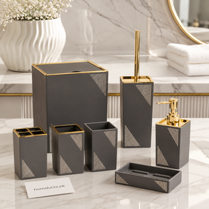 7-Piece Luxury Grey & Gold Bathroom Accessories Set with Crystal Accent | Premium Resin Bathroom Organizer Set