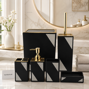 6-Piece Luxury Black & Gold Bathroom Accessories Set with Crystal Accent | Premium Resin Bath Organizer Set