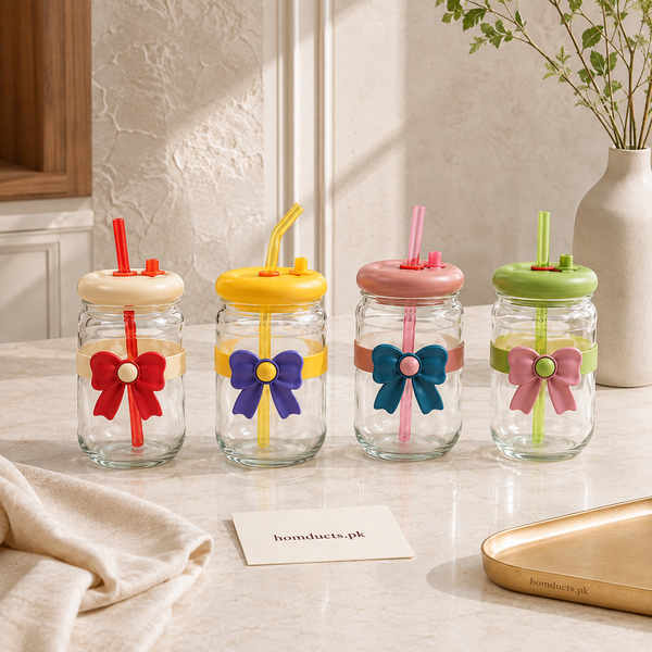 Cute Bow Glass Straw Sipper with Leak-Proof Lid – 500ml